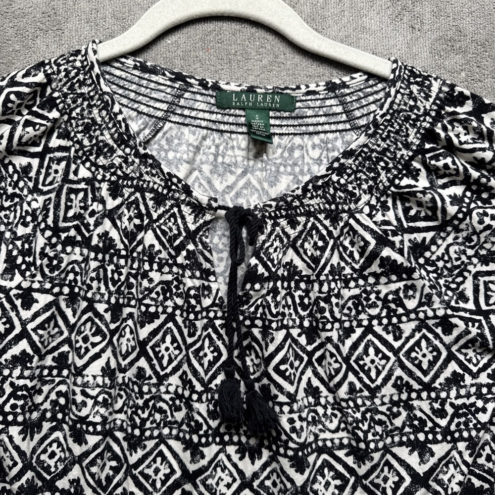 Ralph Lauren LRL Top Womens Small Black White Pullover Aztec Boho Tie Front - Picture 2 of 8